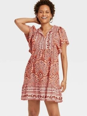 Knox Rose Dress Flutter Sleeve Boho Coral Paisley Cottage Core Pockets Size 2X